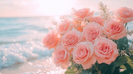 Pink Roses Bouquet at Beach Illustration with Sea and Wave
