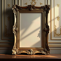Ornate Antique Baroque Frame Against Luxurious Wall Panels with Golden Embellishments for Classic Interior Design Projects
