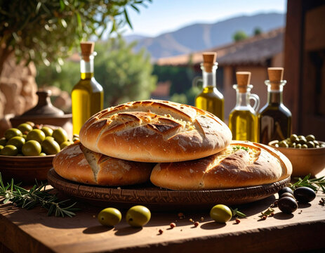 Traditional Algerian bread khobz stacked on a tabletop surrounded by olives and olive oil bottles.