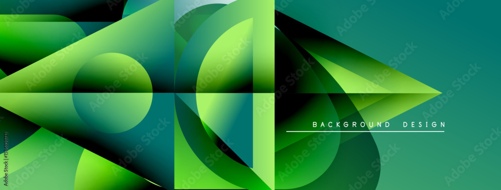 Poster abstract geometric shapes, gradients create dynamic composition. green hues dominate, suggesting gro