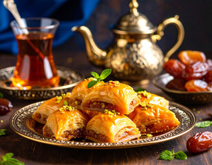 A close-up of "makroudh" pastries, honey-soaked and date-filled, a popular sweet treat often served with tea.