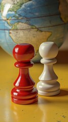 Global Strategy: Red and White Chess Pawns with World Globe global world chess globe red white pawn
