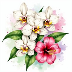 Fototapeta premium Lush Watercolor Tropical Floral Design Featuring Orchids Hibiscus and Lush Greenery Perfect for Summer Themes
