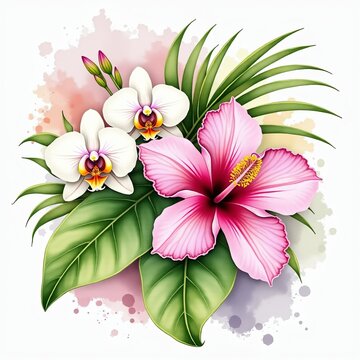 Lush Watercolor Tropical Floral Design Featuring Orchids Hibiscus and Lush Greenery Perfect for Summer Themes