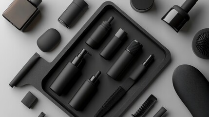 Sleek Matte Black Beauty Products Arranged in a Flat Dieline Tray Mockup 