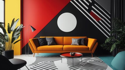 Sleek Modern Room Decorated with Angular Shapes in Primary Colors Against a Monochrome Black and White Backdrop 