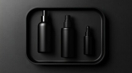 Sleek Matte Black Beauty Products Arranged in a Flat Dieline Tray Mockup 