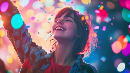 Bright and happy nonbinary teen throwing confetti, surrounded by colorful lighting