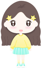 A girl with long brown hair wearing a yellow shirt and a blue skirt