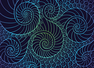 Abstract Spiral Shells Pattern in Neon Gradient on Dark Background