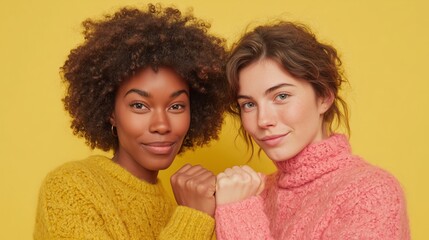Two women engaged in a playful thumb war on a pastel yellow background, fun and competitive moment