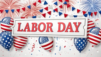 Fototapeta premium Labor Day Banner: Vivid red, white, and blue decorations herald Labor Day in a festive design with balloons and banners and celebratory fireworks.