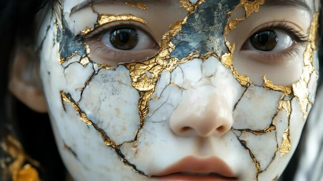 Close-up of an Asian woman with a cracked marble and gold kintsugi mask.