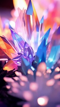 Close up of vivid crystalline structures with purple, pink, and blue hues and pointed tips set against a soft bokeh background