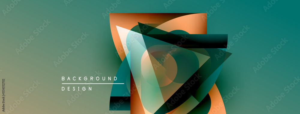 Poster Abstract geometric shapes overlap, creating dynamic visual effect. Teal, orange hues dominate composition. Modern design element.