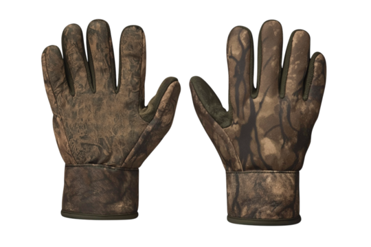 Camouflage hunting gloves displaying palm and back surfaces against transparent backdrop