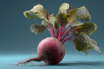 Realistic rendering of beetroot with roots and leaves