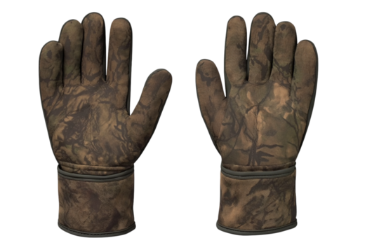 Camouflage hunting gloves displaying palm and back surfaces against transparent backdrop