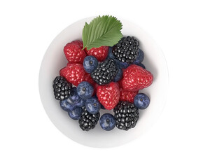 Assorted Fresh Berries Including Raspberries, Blueberries, and Blackberries in a White Bowl