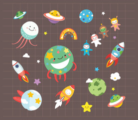 space-themed elements planets, rockets, stars cute