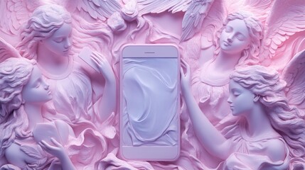 Soft Pastel-Toned Angelic Figures Carved in Relief Around a Modern Mobile Device 