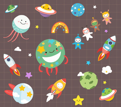 space-themed elements planets, rockets, stars cute