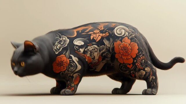 Gray cat with Japanese irezumi tattoos.