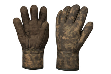 Camouflage hunting gloves displaying palm and back surfaces against transparent backdrop