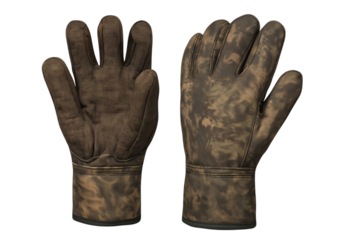 Camouflage hunting gloves displaying palm and back surfaces against transparent backdrop