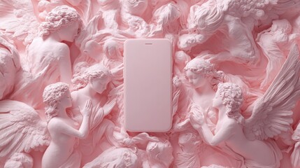 Soft Pastel-Toned Angelic Figures Carved in Relief Around a Modern Mobile Device 