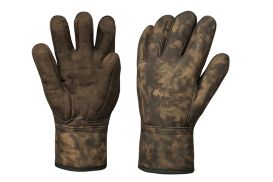 Camouflage hunting gloves displaying palm and back surfaces against transparent backdrop