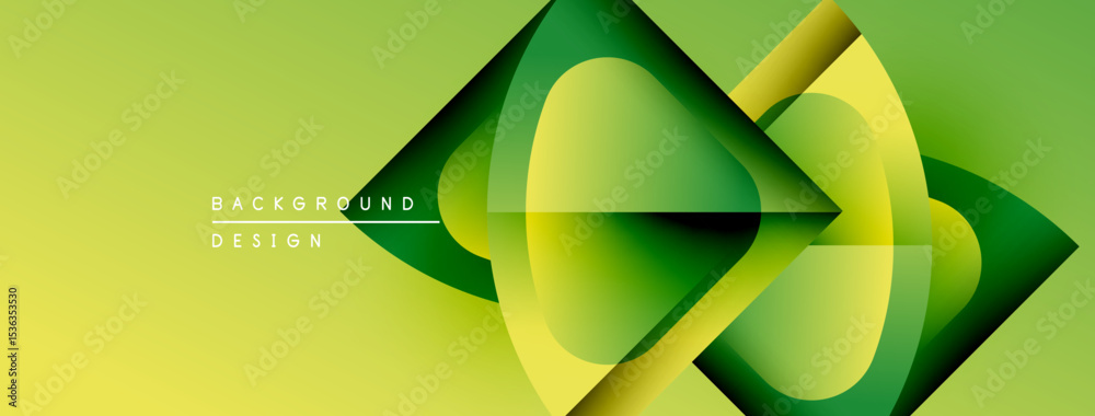 Poster Abstract geometric shapes overlap, creating dynamic visual effect. Yellow, green hues dominate composition. Modern design element.