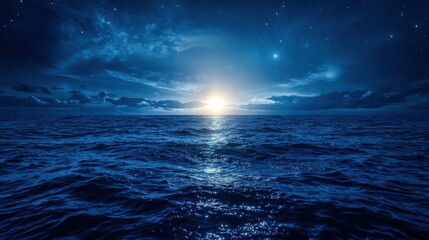 Sparkling Celestial Light burst Hovering Over Still Ocean Surface Under a Deep Indigo Dusk Horizon 