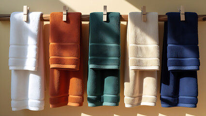 Colorful Cotton Towels Hanging on Wooden Rod in Natural Light – Soft Bathroom Towel Display