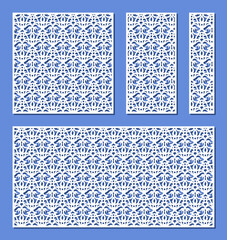 Set of carved panels. Square, rectangular lattices, screens, partitions, dividers, bookmarks with openwork floral patterns, plant ornaments. Vector template for plotter laser cutting of paper, cnc.