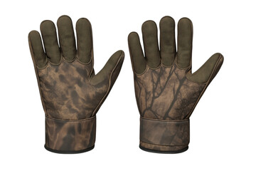 Camouflage hunting gloves displaying palm and back surfaces against transparent backdrop