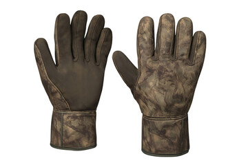 Camouflage hunting gloves displaying palm and back surfaces against transparent backdrop