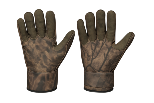 Camouflage hunting gloves displaying palm and back surfaces against transparent backdrop