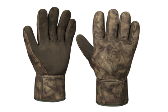 Camouflage hunting gloves displaying palm and back surfaces against transparent backdrop