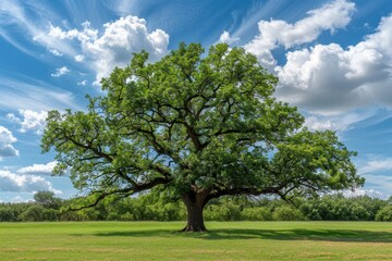 Obraz premium Majestic oak in a grassy field under a vibrant sky