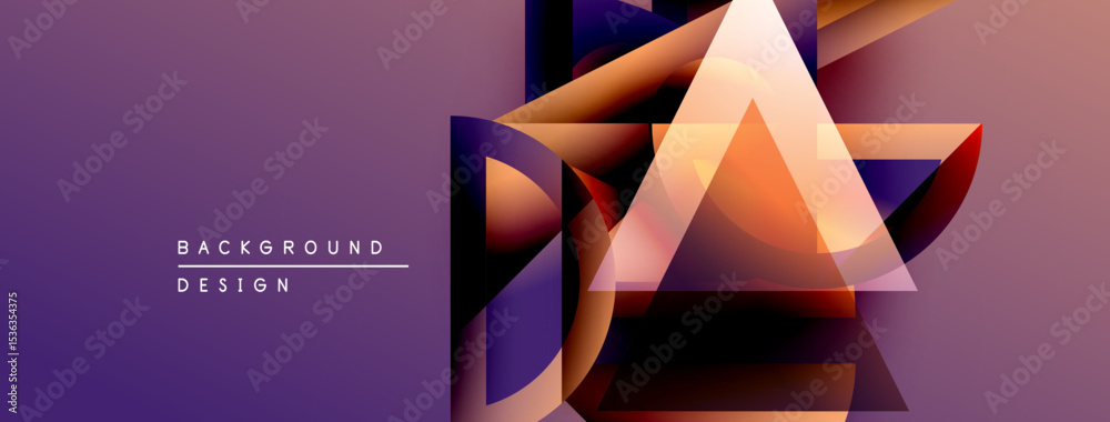 Poster abstract geometric shapes overlap, creating vibrant purple, orange gradients. modern design element 