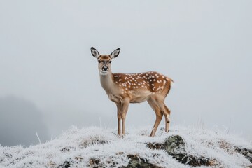 Tiny Chestnut Deer Standing on a Frost-Covered Mountain Ridge Beneath a Gray Overcast Sky 
