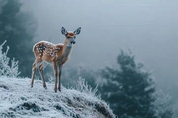 Tiny Chestnut Deer Standing on a Frost-Covered Mountain Ridge Beneath a Gray Overcast Sky 