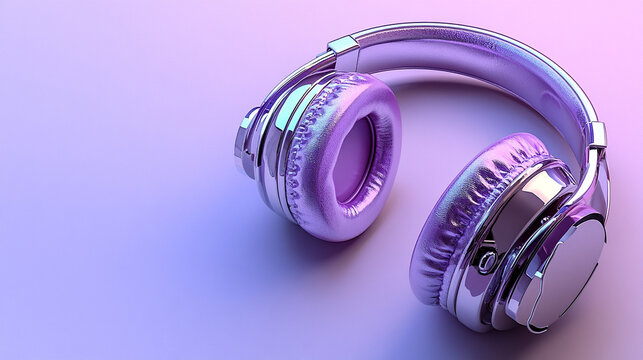 Sleek silver and purple headphones displayed on a blank background with ample caption space. Modern audio accessory mockup for branding, tech promotion, or product presentation design.

