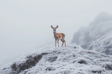 Tiny Chestnut Deer Standing on a Frost-Covered Mountain Ridge Beneath a Gray Overcast Sky 