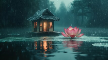 Tiny Cottage Perched on a Blossoming Pink Lotus, Drifting Over Shadowy Waters Beneath Gentle Rainfall 