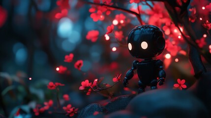 Tiny Onyx Robot Exploring Vibrant Red Blossoms Illuminated in the Darkness of Night