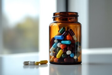 Translucent Amber Medicine Bottle Containing Assorted Multicolored Capsules and Tablets on a Clean White Surface