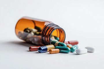 Translucent Amber Medicine Bottle Containing Assorted Multicolored Capsules and Tablets on a Clean White Surface