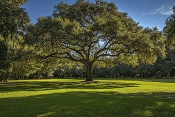 Obraz premium A large tree stands in the center of an open field, casting shade on the lush green grass beneath its branches. The sun shines through the leaves, illuminating the ground with a warm light.